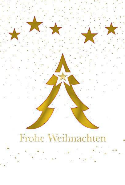 Grußkarte mit Weihnachtsgruß in weiß, Sternen und Weihnachtsbaum sowie goldenem Einleger.