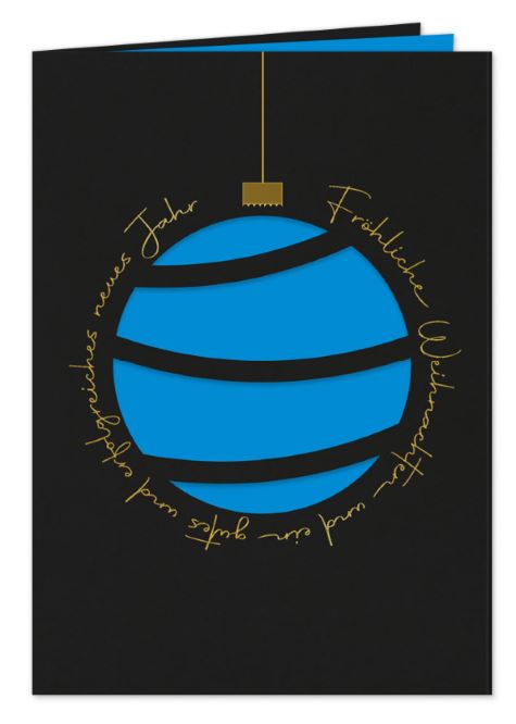 Exklusive Firmenweihnachtskarte „Moderne Stanzkugel“ in schwarz mit Goldprägung, Stanzung und blauem Einlegeblatt