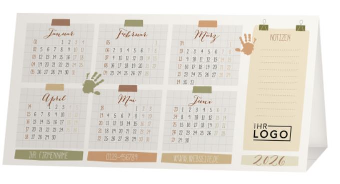 Jahreskalender zum Aufstellen "Hand in Hand" mit Logoeindruck und Spende War Child.