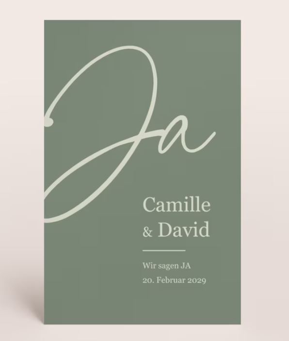 Einladungskarte "Forever" in Salbeigrün mit dem Schriftzug Ja als beidseitig bedruckbare Einzelkarte