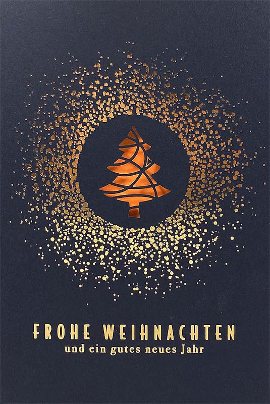 Exclusive Weihnachtskarte in blau mit Laserstanzung und Goldfolienprägung, Einleger orange