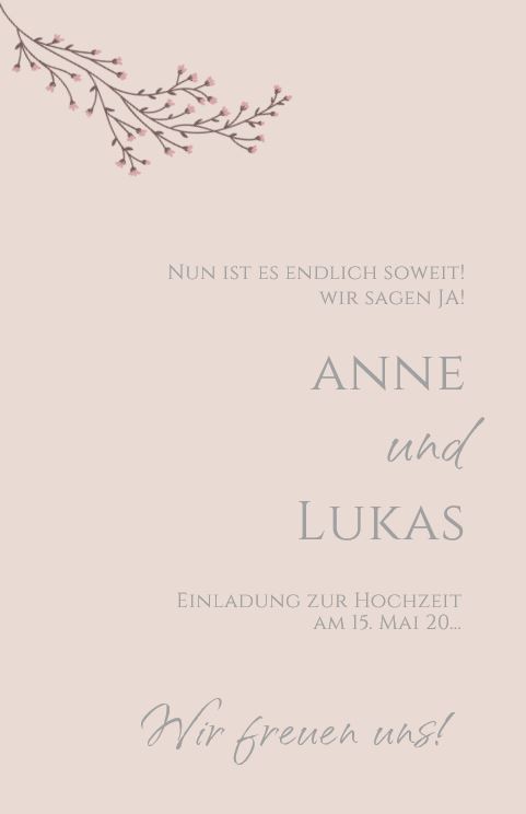 Romantische Hochzeits-Einladungskarte in Nuderosa "Zarter Zweig" als Klappkarte mit eigenem Foto innen