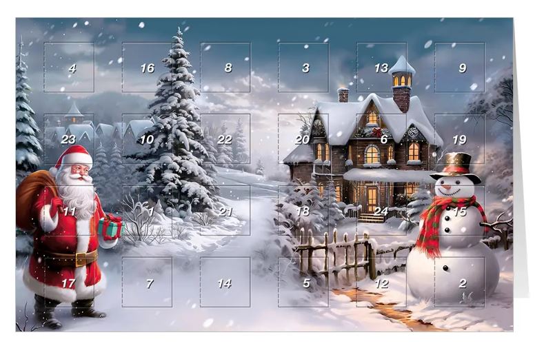 Adventskalenderkarte "Santa Claus und Schneemann" mit stimmungsvollem Wintermotiv und 24 Fenster zum Öffnen
