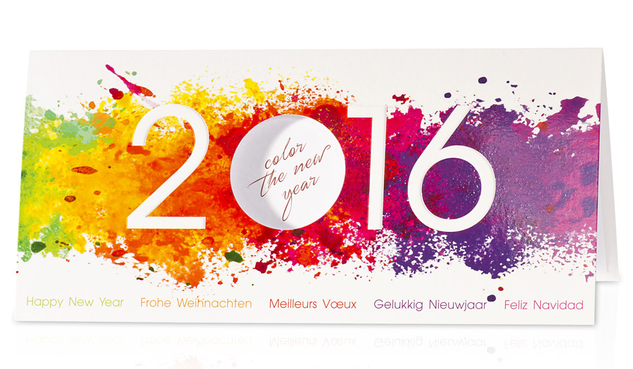 Festtagskarte mit farbenfrohem Aufdruck und Jahreszahl 2016