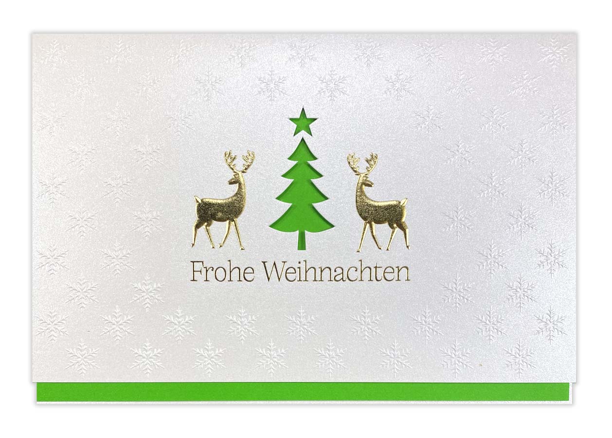 Weihnachtsgrußkarte perlmuttfarben mit grünem Einlegeblatt, Goldprägung und Stanzung