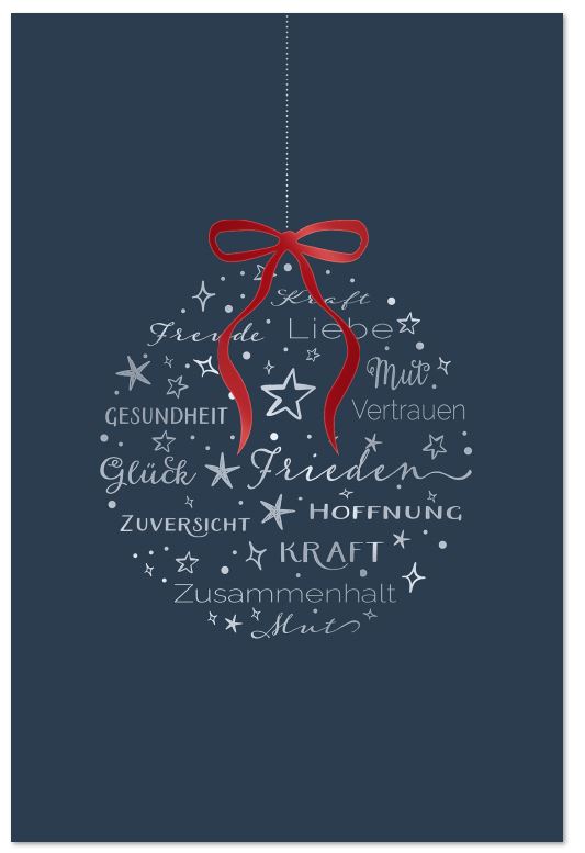 Nachtblaue Weihnachtskarte mit verschiedenen positiven Wünschen und Werten in einer Weihnachskugel, inkl. Einlegeblatt