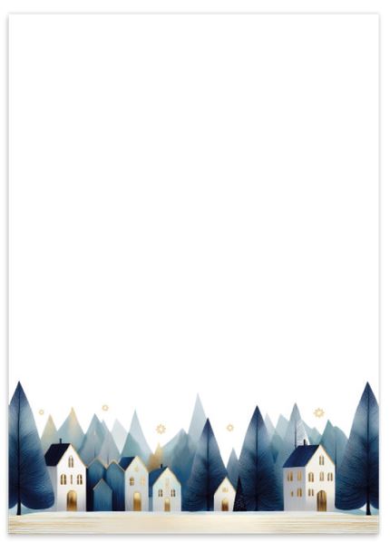 Malerisches Weihnachts-Briefpapier "Winterdorf“ in Reinweiß mit kunstvoller Aquarell-Skyline, ohne Gruß