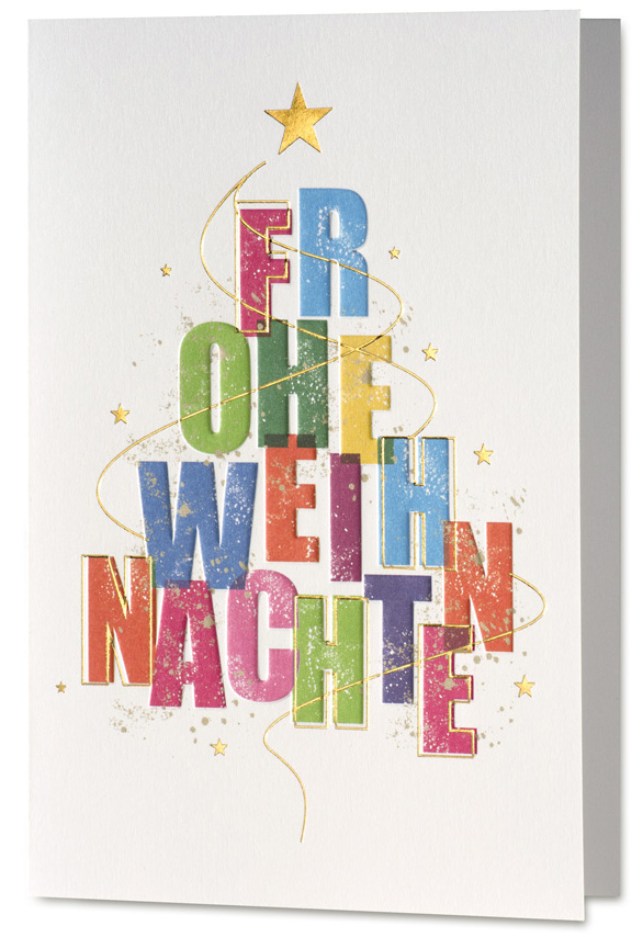 Weihnachtskarte farbenfrohes Frohe Weihnachten geprägt in Baumform