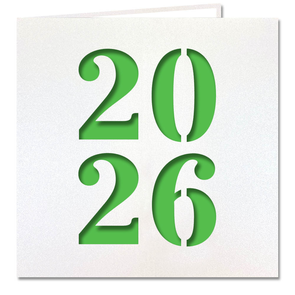 Neujahrskarte metallic weiß mit Jahreszahl 2026 Stanzung und grünem Einlegeblatt