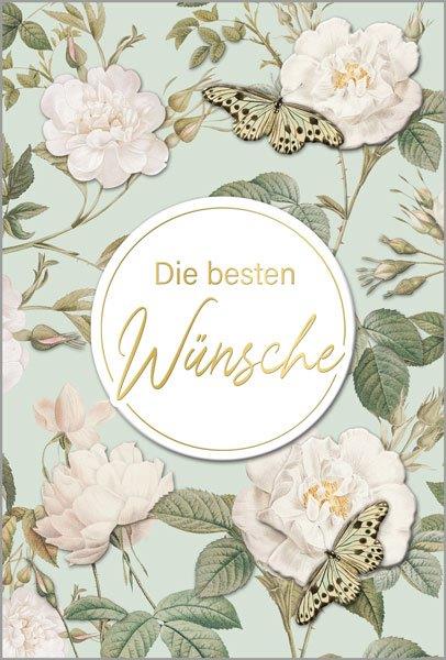 Florale Glückwunschkarte "Blüten-Poesie" mit Schmetterlingen und Rosenblüten in fühlbarer Blindprägung