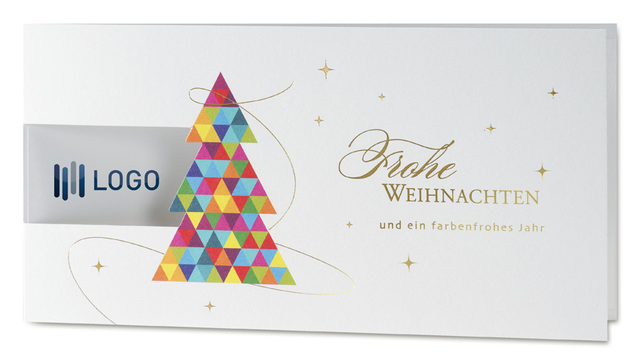 Weihnachtskarte weiß mit farbenfrohem Weihnachtsbaum Frohe Weihnachten Logokarte