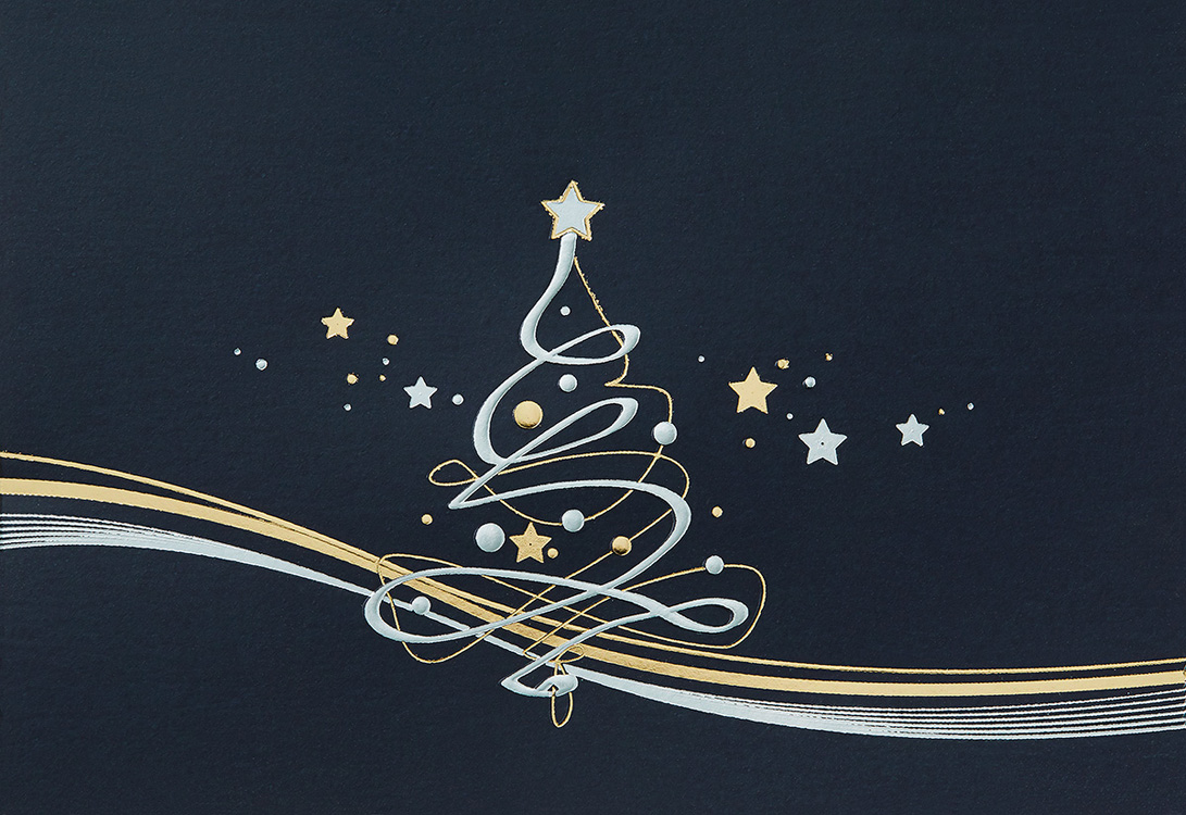 Weihnachtskarte nachtblau m. abstraktem Weihnachtsbaum weiß gold