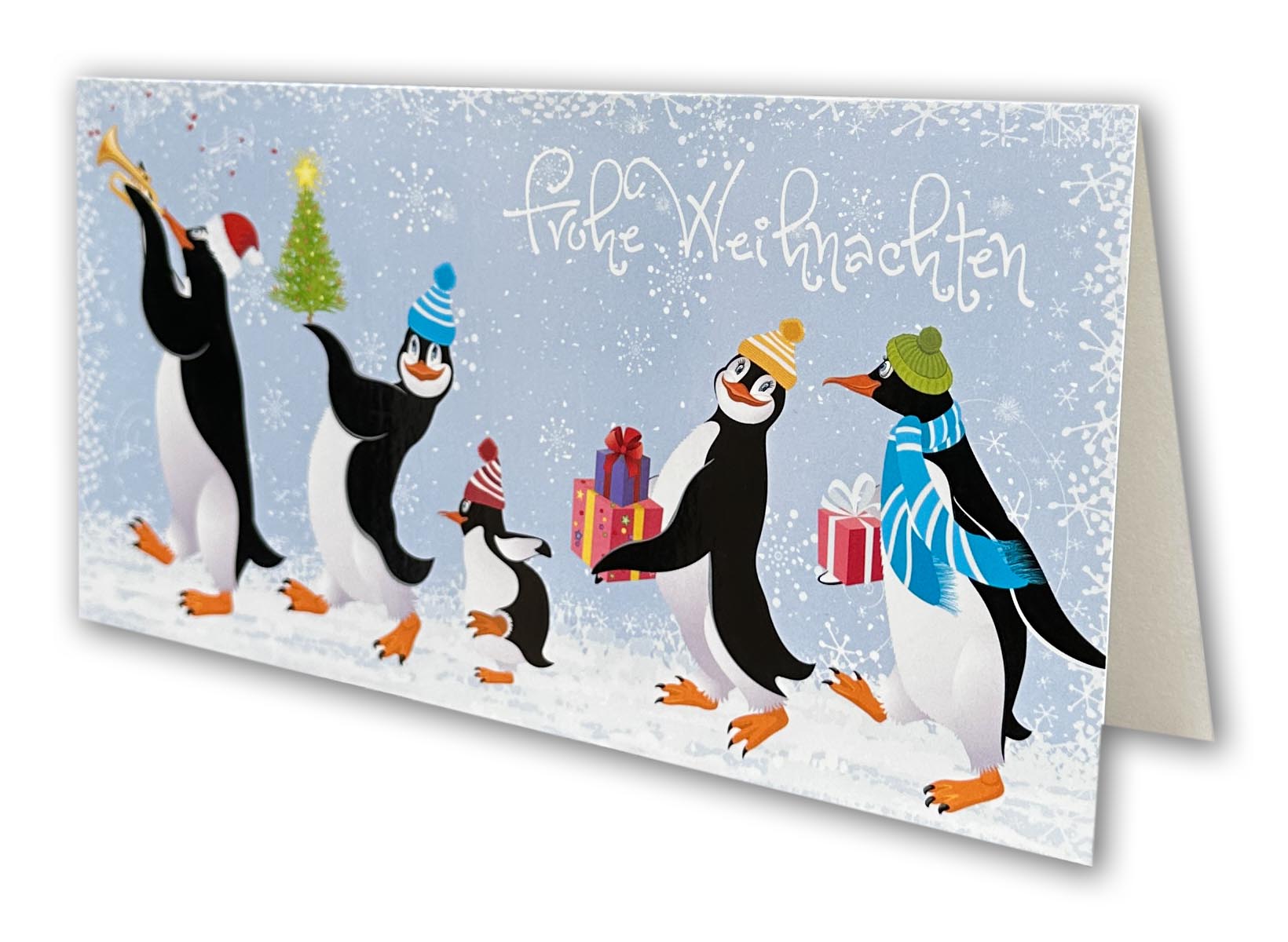 Weihnachtskarte aus hochwertigem 260g/m² Kunstdruckkarton mit Farbdruck. Fünf Pinguine mit Mützen, Geschenken, Weihnachtsbaum und Trompete laufen hintereinander her, darüber steht Frohe Weihnachten.