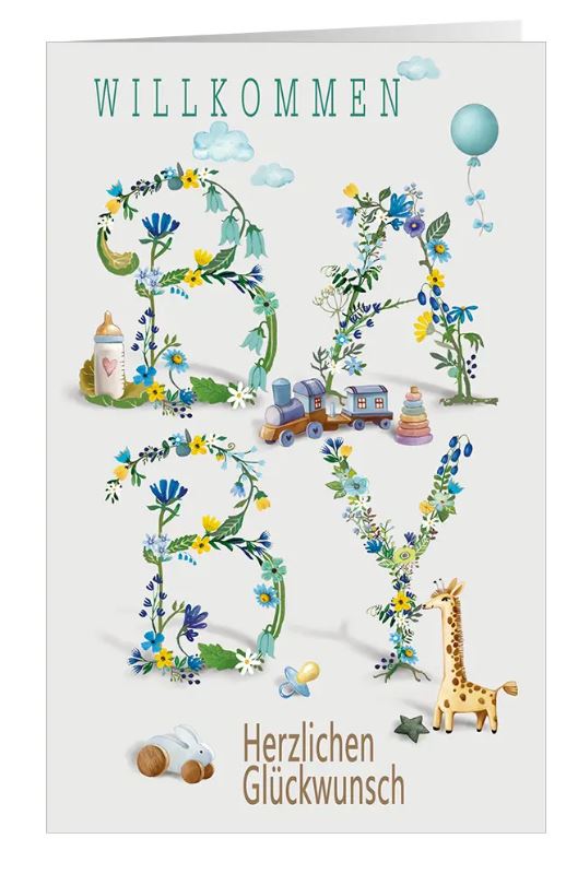 Glückwunschkarte "Baby-Glück" mit nostalgischen Spielsachen und Blumen-Buchstaben