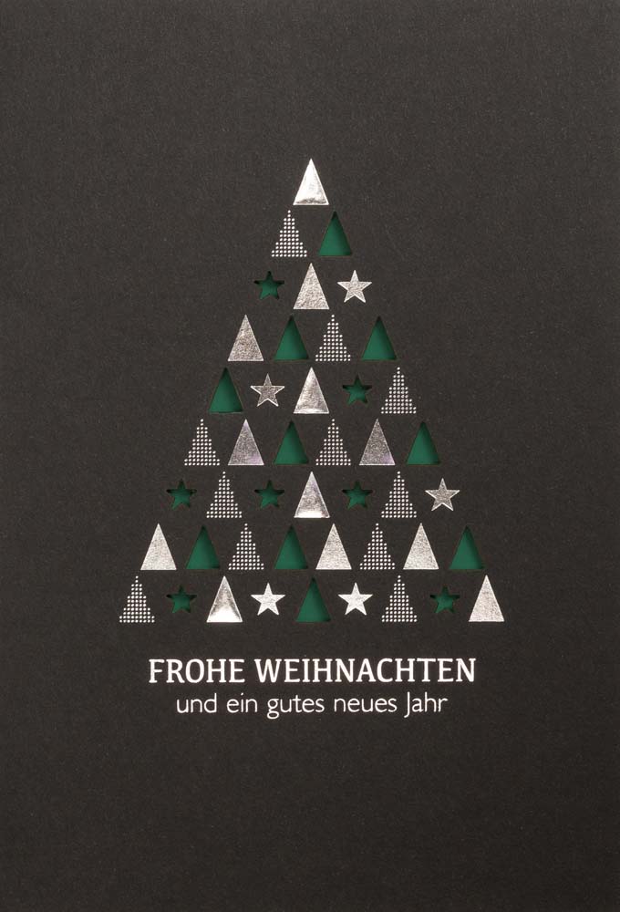 Schwarze Laserkarte mit dunkelgrünem Falteinlegeblatt, Weihnachtsgruß und Silberfoliendruck