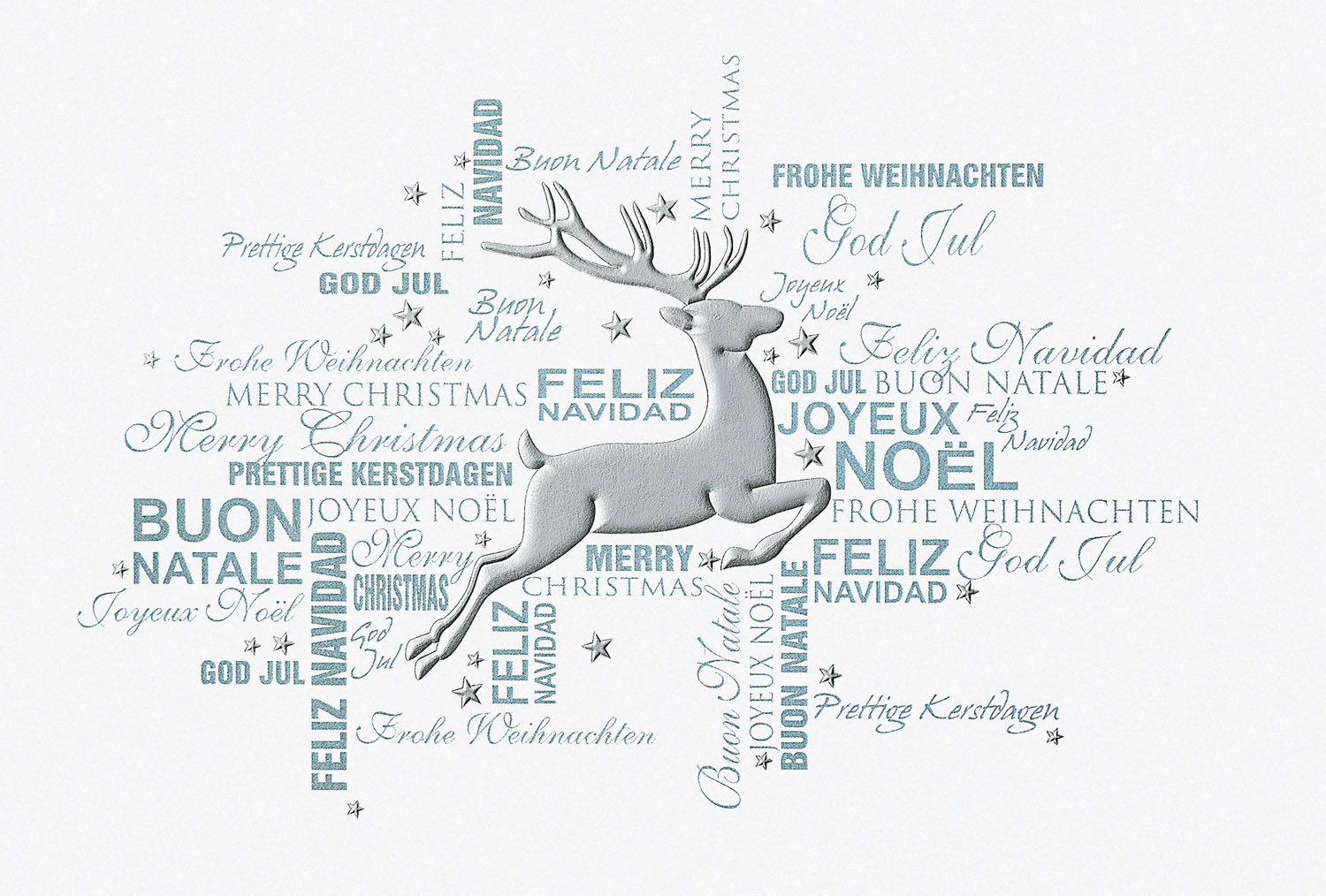 Weihnachtskarte weiß / türkis mit internationalen Wünschen und springendem Rentier