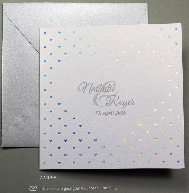 Hochzeitskarte irisierend mit Herzen in silber - Regenbogenfarbe