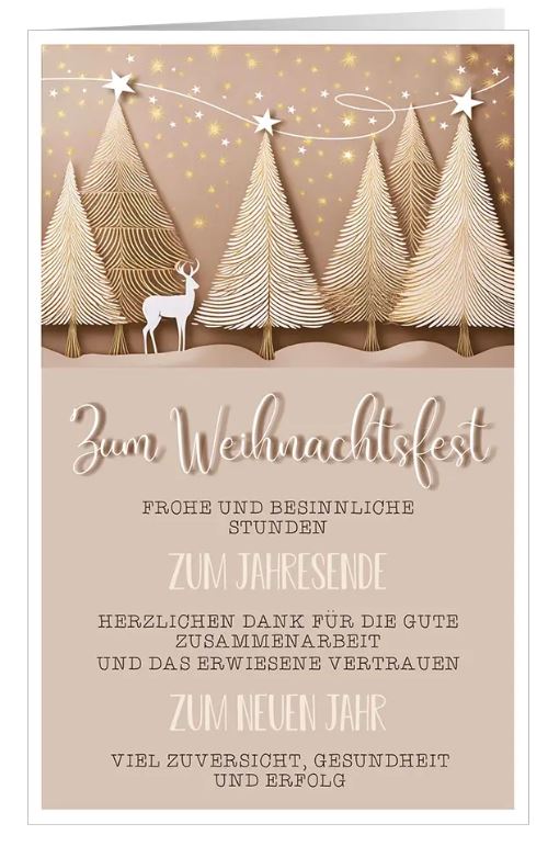 Geschäftliche Weihnachtskarte "Firmengruss" in braun mit Weihnachtsbäumen und weißem Hirsch 