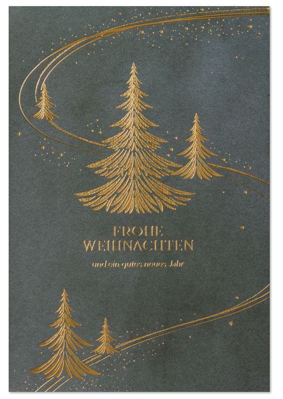 Graue Weihnachtskarte mit goldenen Tannenbäumen und Gruß "Frohe Weihnachten und ein gutes neues Jahr"