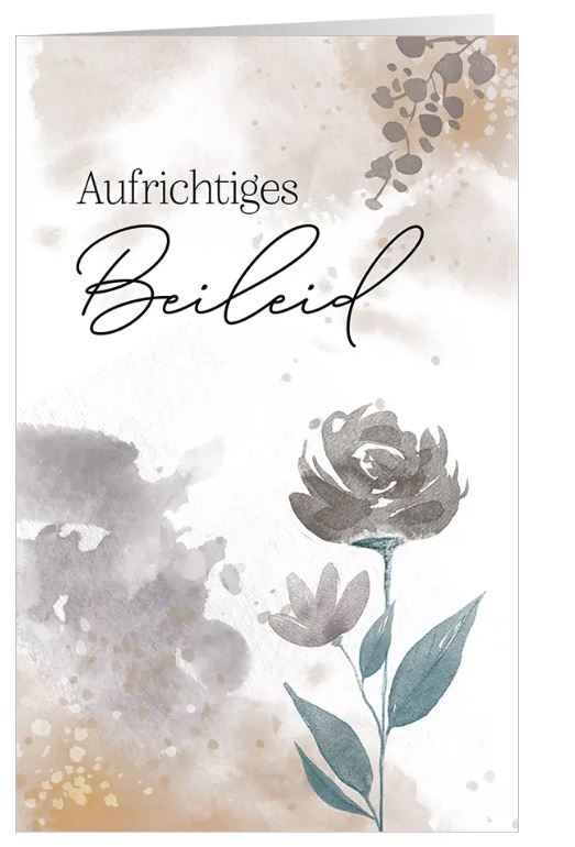 Trauerkarte im Aquarellstil mit stilisierter Blume, Text Aufrichtiges Beileid
