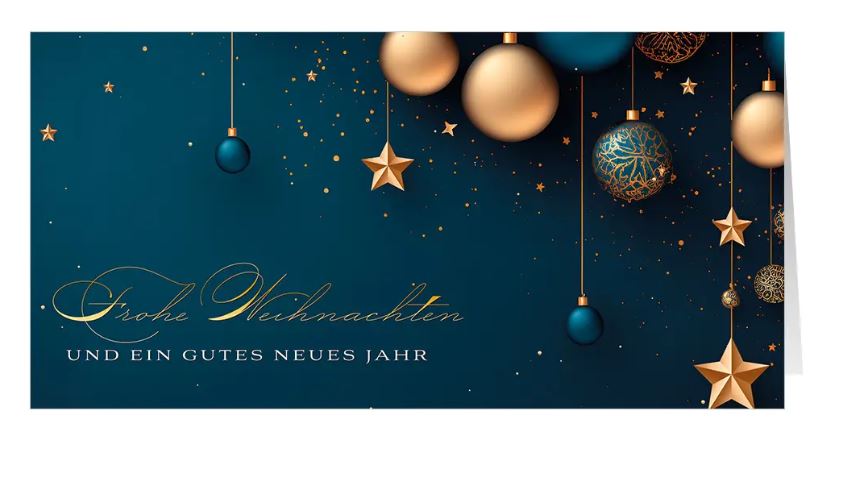 Elegante Weihnachtskarte "Festtagsglanz" mit hängenden Weihnachtskugeln und Sternen, DIN lang