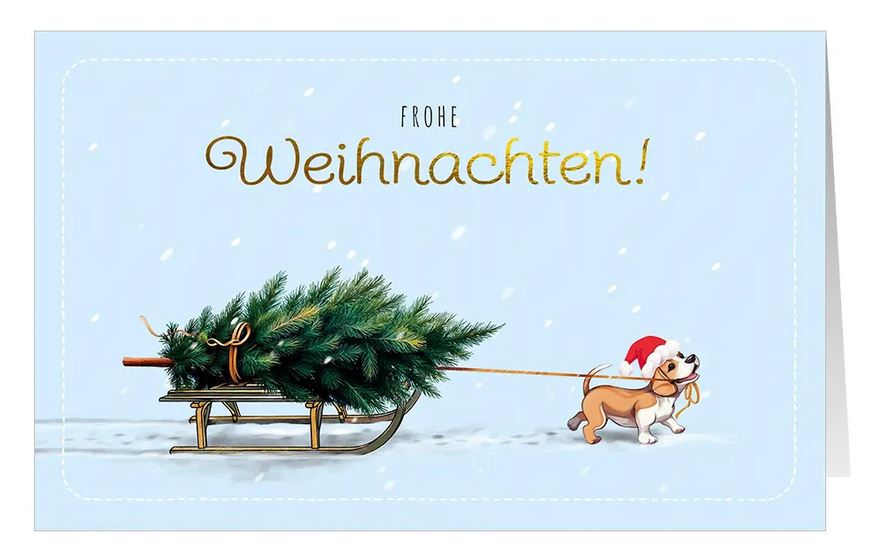 Tierische Weihnachtskarte  "Kleiner Helfer auf vier Pfoten" mit Weihnachtsgruß, putzigem Hund und Baum auf Schlitten 