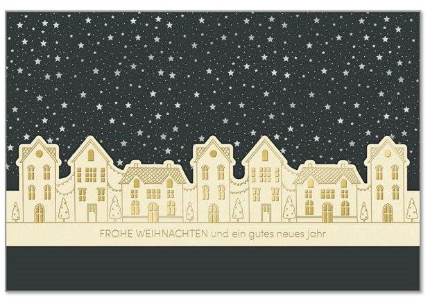 Schwarze Weihnachtskarte mit Banderole aus Naturkarton, Formstanzung und Goldfolienprägung, inkl. Einlegeblatt