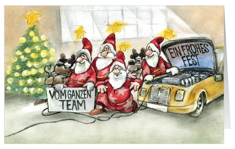Lustige Branchen-Weihnachtskarte "Frohe Werkstatt" mit Teamgruß für KFZ-Werkstatt, Autoreparatur, Reifenservice