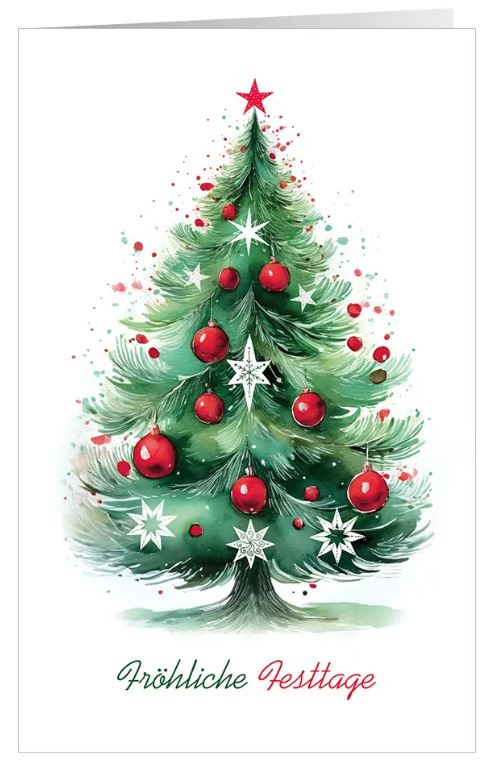 Klassische Weihnachtskarte "Frohe Festtage" mit traditionell geschmücktem Weihnachtsbaum und Gruß