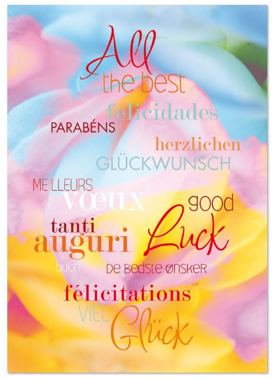 Internationale Grußkarte "Good Luck" mit Blüten in Pastell und mehrsprachigen Glückwünschen