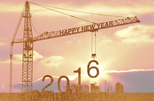 Neujahrskarte Baubranche Happy New Year 2016 Sonnenuntergang