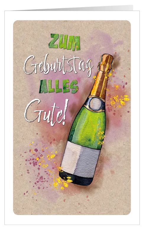 Spritzige Geburtstags-Glückwunschkarte mit Glückwünschen und Sektflasche