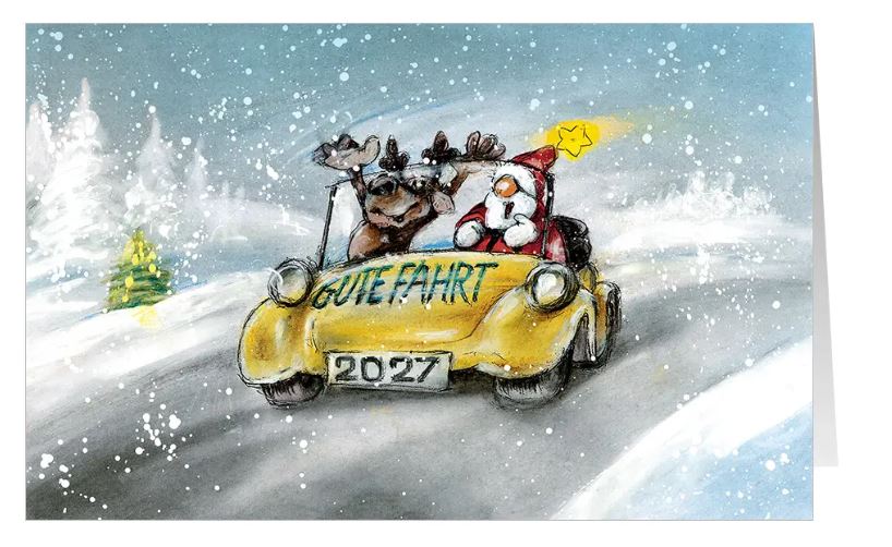 Branchenkarte "Winterliche Spritztour" mit Jahreszahl 2027 sowie dem Weihnachtsmann und Rentier mit einem Oldtimer