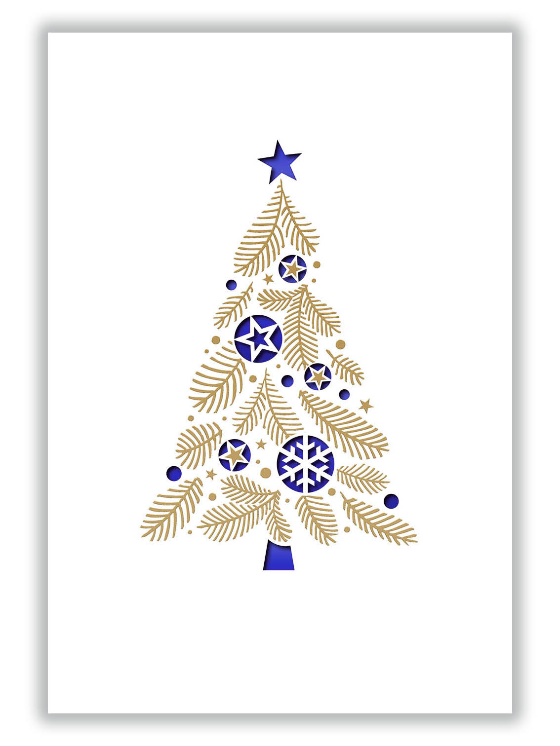 Weiße Weihnachtskarte im Hochformat, mit Stanzung von Baumkugeln, Goldfolienprägung und blauem Falteinleger