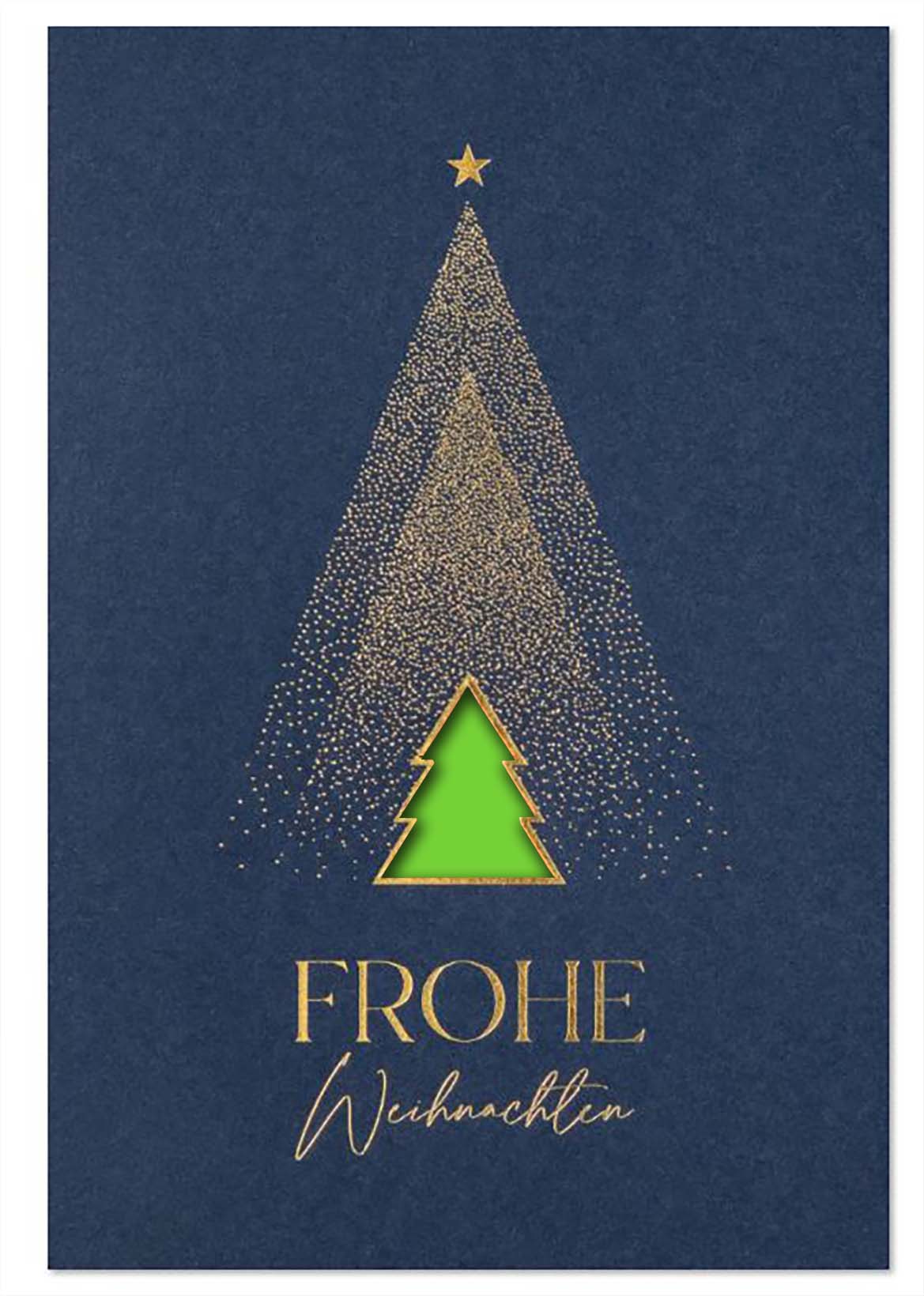 Dunkelblaue Weihnachtskarte mit Goldfolienprägung und Baumstanzung, Einleger hellgrün