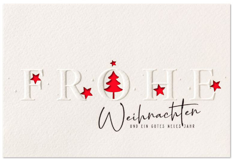 Weiße Weihnachtskarte mit fühlbarer Blindprägung, Stanzung und Einleger in rot