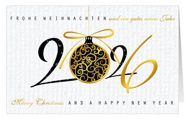 Weiße Weihnachtskarte "Ornamentkugel" mit Jahreszahl 2026 sowie deutsch-englischem Weihnachts- und Neujahrsgruß
