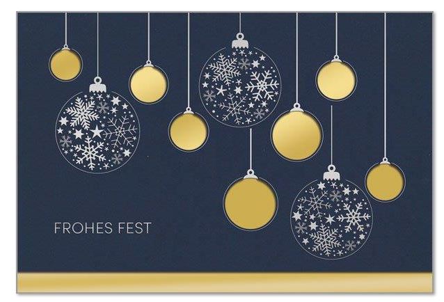 Elegante Weihnachtskarte in Blau mit silbergeprägten Weihnachtskugeln und "Frohes Fest", Einleger gold