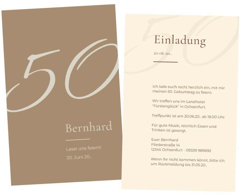 Stilvolle Einladungskarte zum 50. Geburtstag "Zeitlos" im eleganten Mokkafarbton als beidseitig bedruckbare Einzelkarte