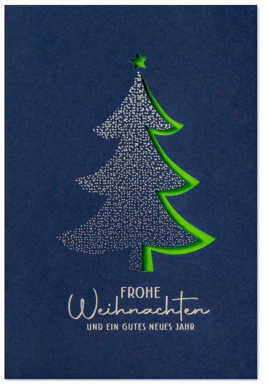 Blaue Weihnachtskarte "Tannenglück" mit Silberfolienprägung und Laserstanzung, Einleger hellgrün