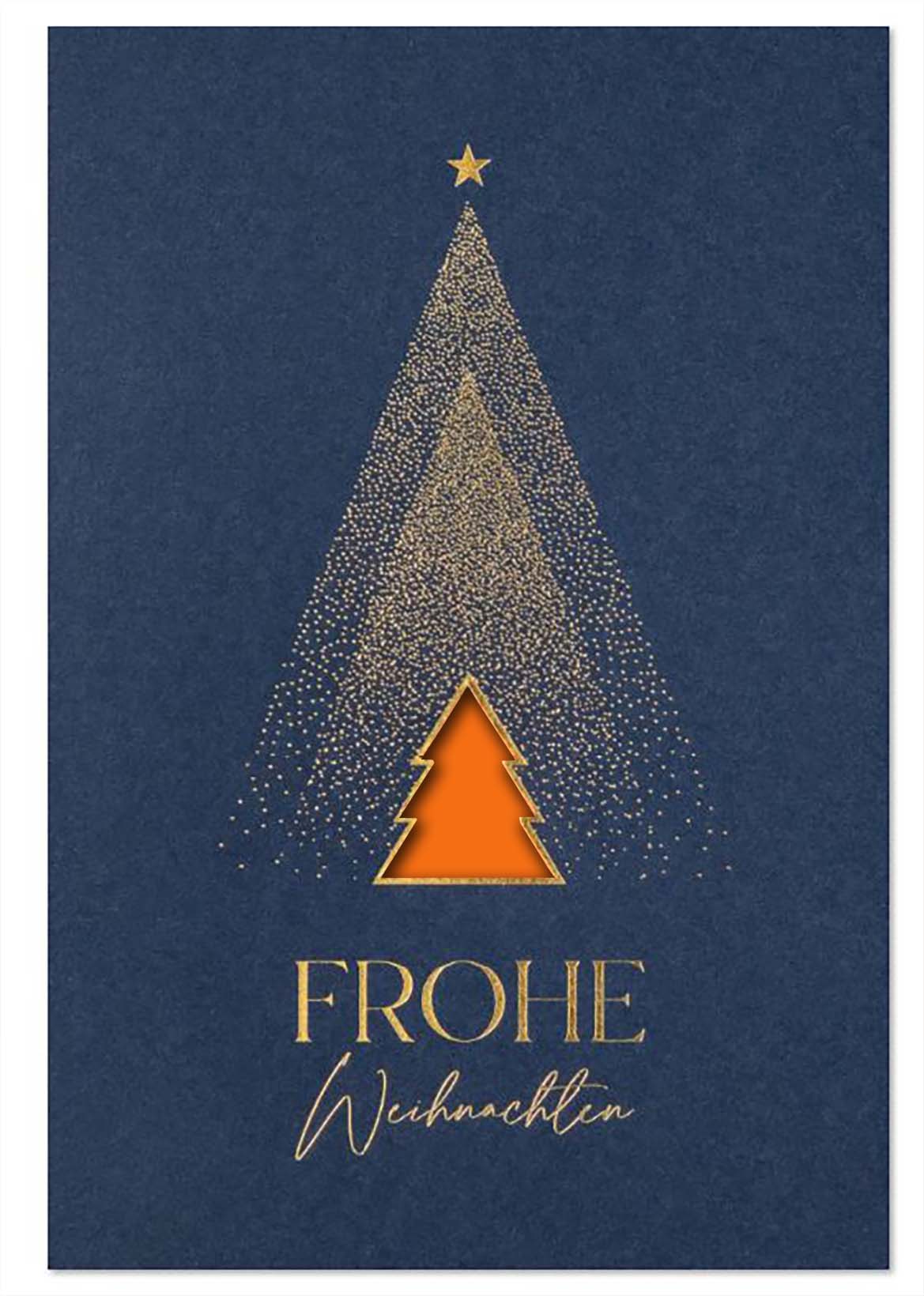 Weihnachtsgrußkarte in blau mit „Frohe Weihnachten“ und gelasertem Baum, Einleger orange