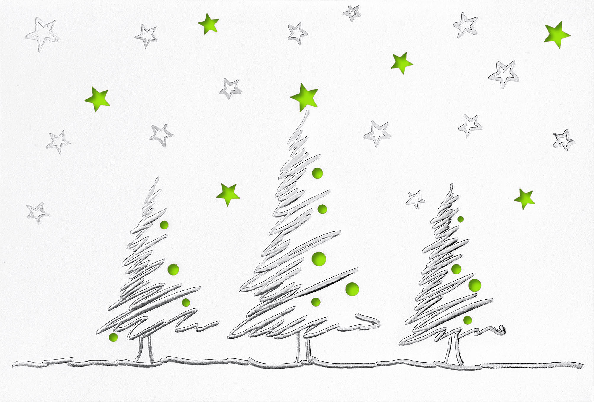 Weihnachtliche Stanzkarte in weiß mit gruenem Falteinleger innen, silbernen Bäumen und Sternen