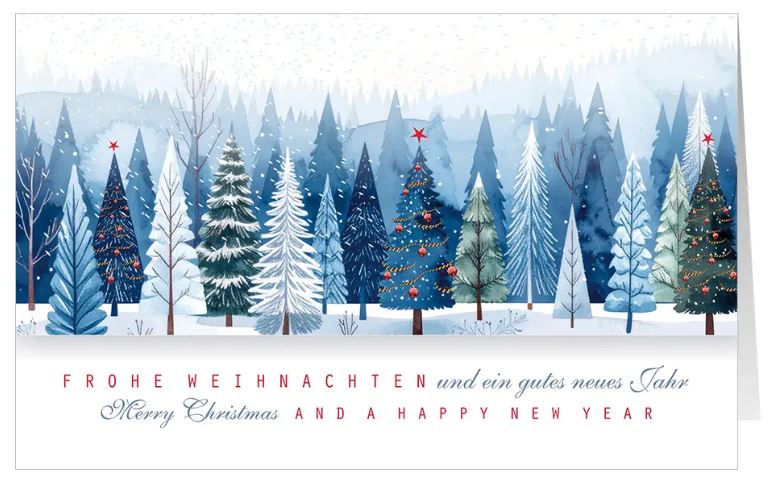 Deutsch-englischsprachige Weihnachtskarte "Blauer Zauberwald" mit stimmungsvoller Waldlandschaft