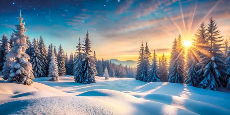 Stimmungsvolle Naturlandschaftskarte mit verschneiter Winterlandschaft bei Sonnenuntergang, DIN lang