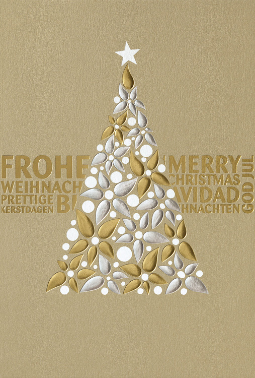 Weihnachtskarte altgold metallic mit Weihnachtsbaum gold silber