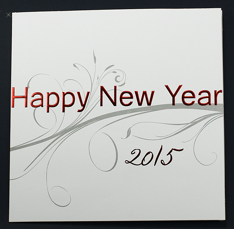 Neujahrskarte weiß mit roter Folienprägung Happy New Year 2015