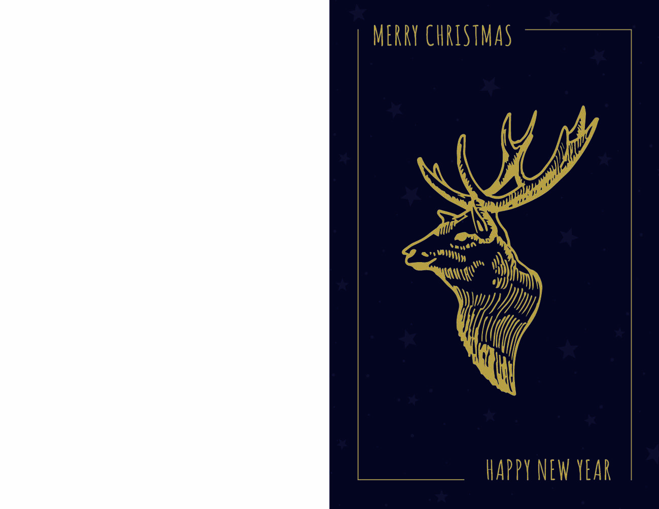 Elegante Weihnachtskarte in nachtblau "Golden Deer" mit goldfarbenem Hirschmotiv und Sternenhintergrund sowie englischsprachigem Gruß