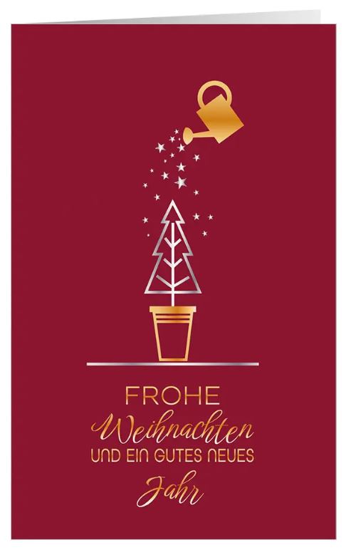 Rote Weihnachtskarte "Magischer Sternenregen" mit Weihnachtsgruß, Gießkann und Bäumchen im Topf