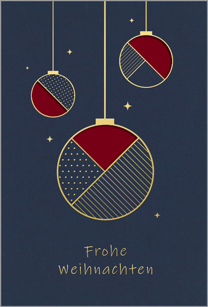 Blaue Weihnachtskarte mit Formstanzung und Goldfolienprägung sowie Einlegeblatt in dunkelrot