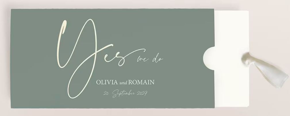 Stilvolle Einladungskarte zur Hochzeit "Magic Moment" in salbeigrün als Einsteckkarte mit weißem Satinband